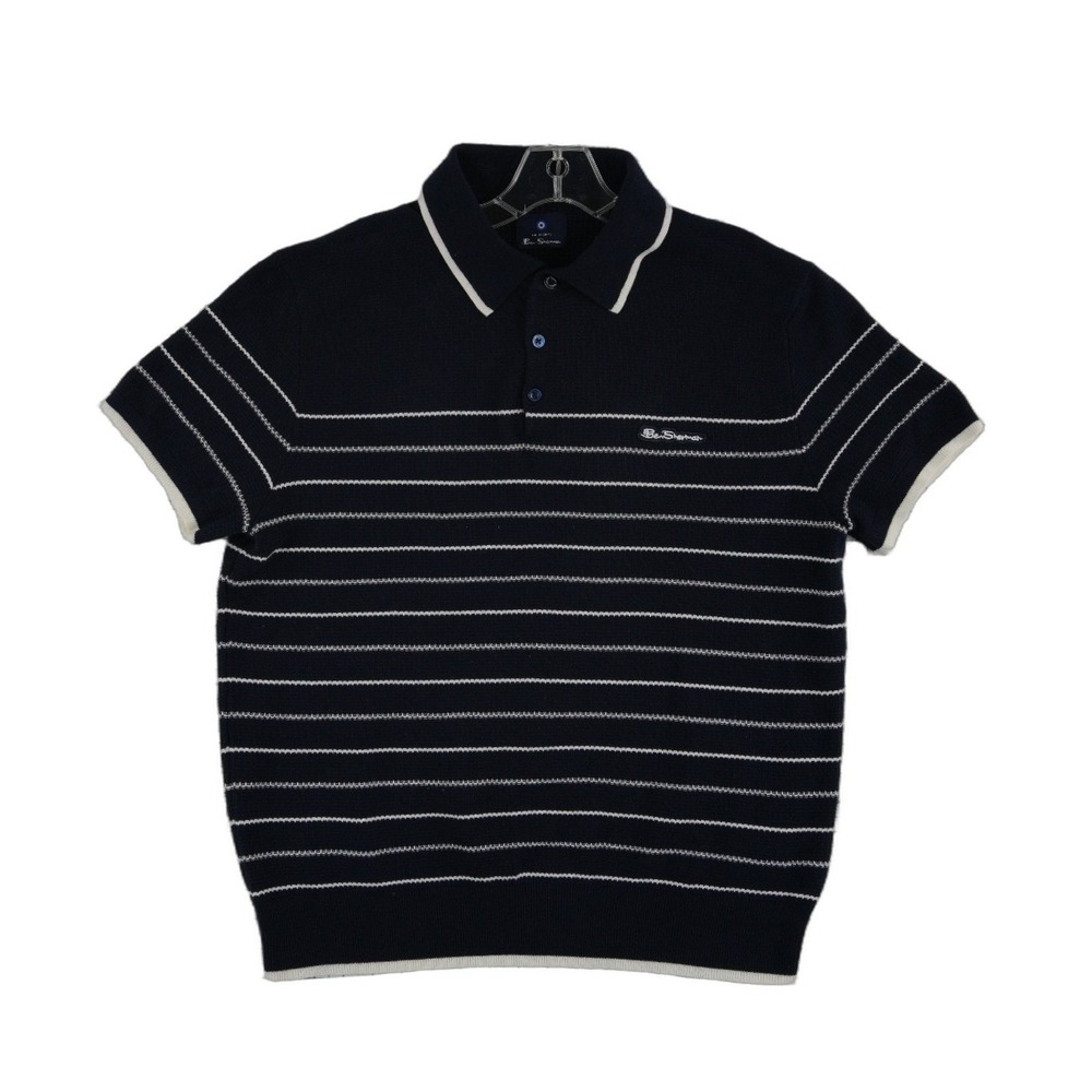 Ben Sherman Knit Polo Sweater Men's Size Small‎ Navy Blue Striped Cotton